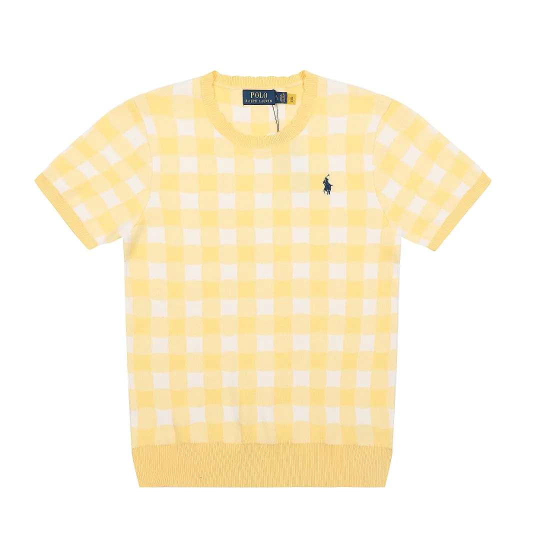 P150 💰 "Top quality" Style number: DS215# (on sale all year round) [Ralph Lauren plaid jacquard basic pony embroidered logo knitted round neck short sleeves] ✅Ralph Lauren Ralph Lauren all-match goddess style plain plaid knitted round neck pullover short sleeves for all seasons ✅Main provider of platform live broadcast Wholesale entities ✅ZP quality 1:1 version Scan the code to enter the GF website Counter quality ✅Detailed quality The only one in Guangzhou Imported quality cotton yarn, focusing on high-end, cost-effective, good quality needless to say ✅The version restores the original version, loose, comfortable and stress-free, simple is high-end, classic is eternal, ✅The upper body is simple and easy to match, a must-have for goddess ootd. Good-looking clothes are never picky. A must-have in the goddess' wardrobe. Size: S-L Color: Navy Gray Yellow Pink Light Blue Red